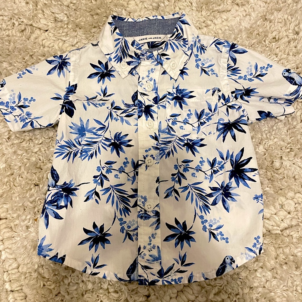 JANIE & JACK BUTTON DOWN FLORAL BLUE and WHITE 3-6 month SHIRT